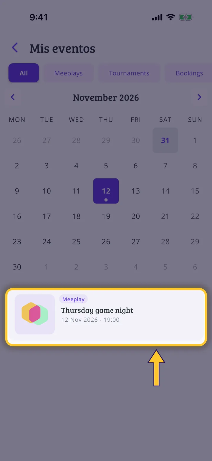 My events: your calendar of Meeplays, tournaments and bookings
